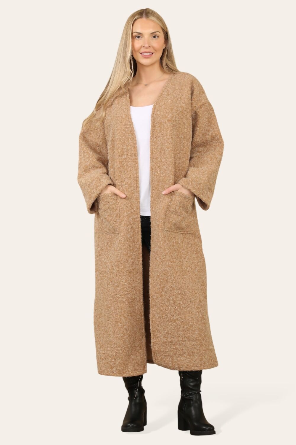 Longline Open Front Pocket Wool Coat