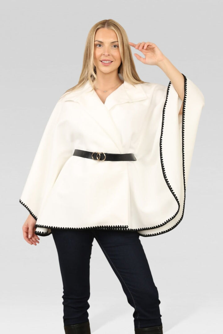 Oversized Contrast Edge Matching Belted Cape Coat