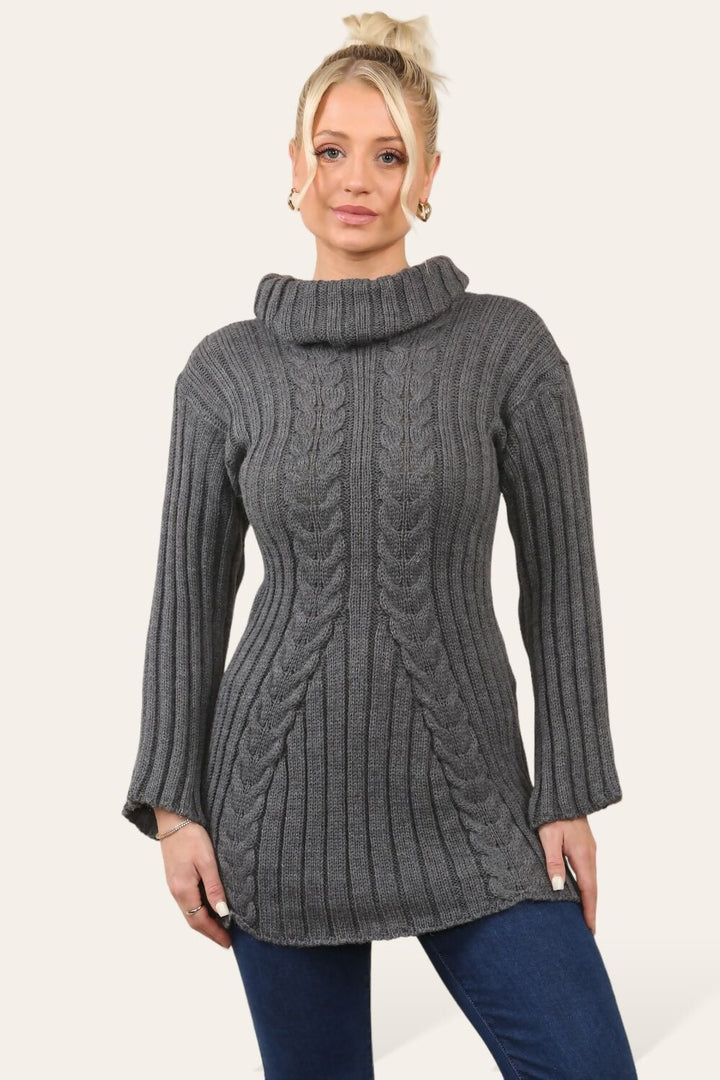 Long Sleeve Cable Roll Neck Knitted Jumper Dress