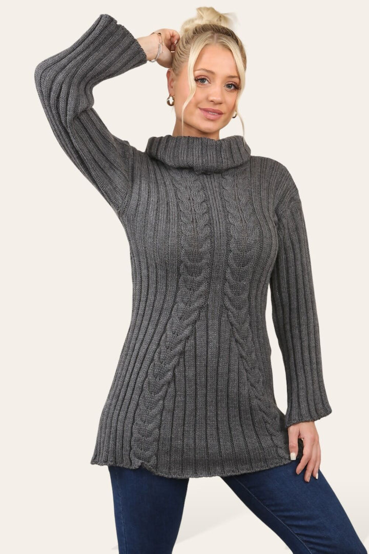 Long Sleeve Cable Roll Neck Knitted Jumper Dress