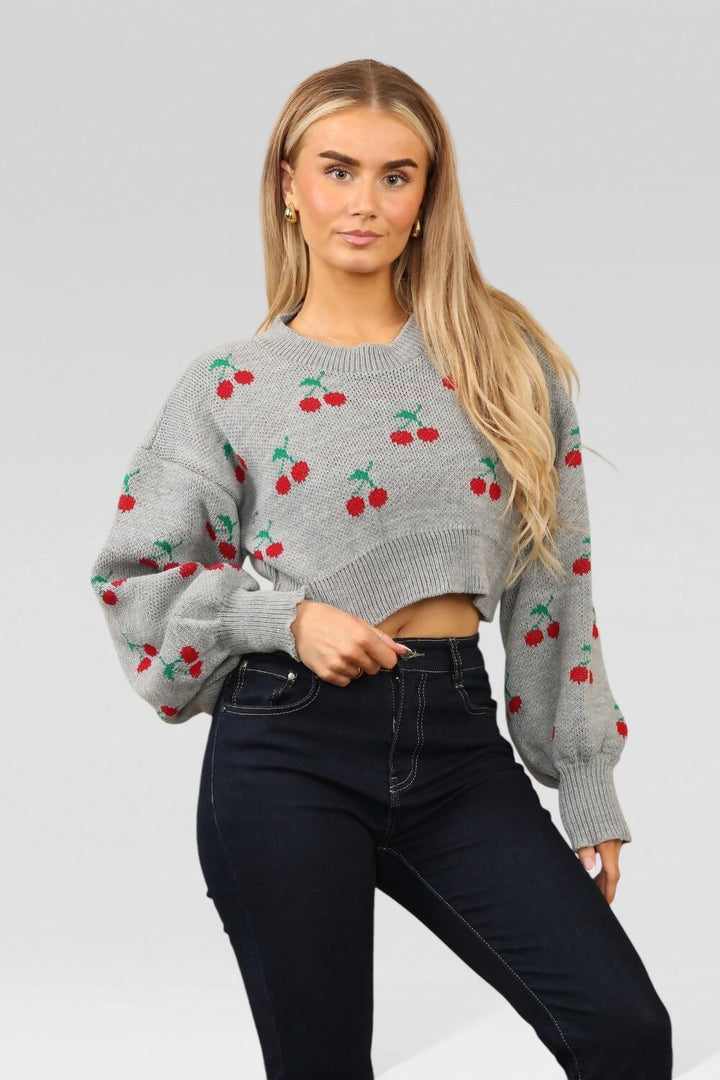 Knitted Cropped Cherry Print Jumper