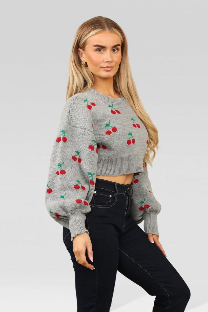 Knitted Cropped Cherry Print Jumper