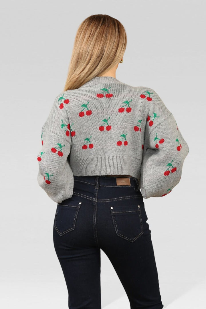 Knitted Cropped Cherry Print Jumper