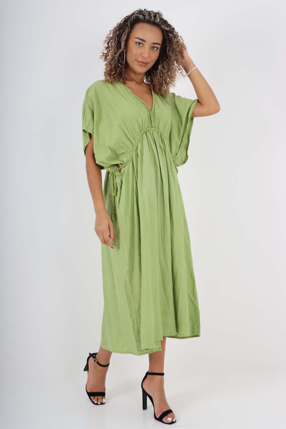 Italian Drawestring Front Flared Linen Dress