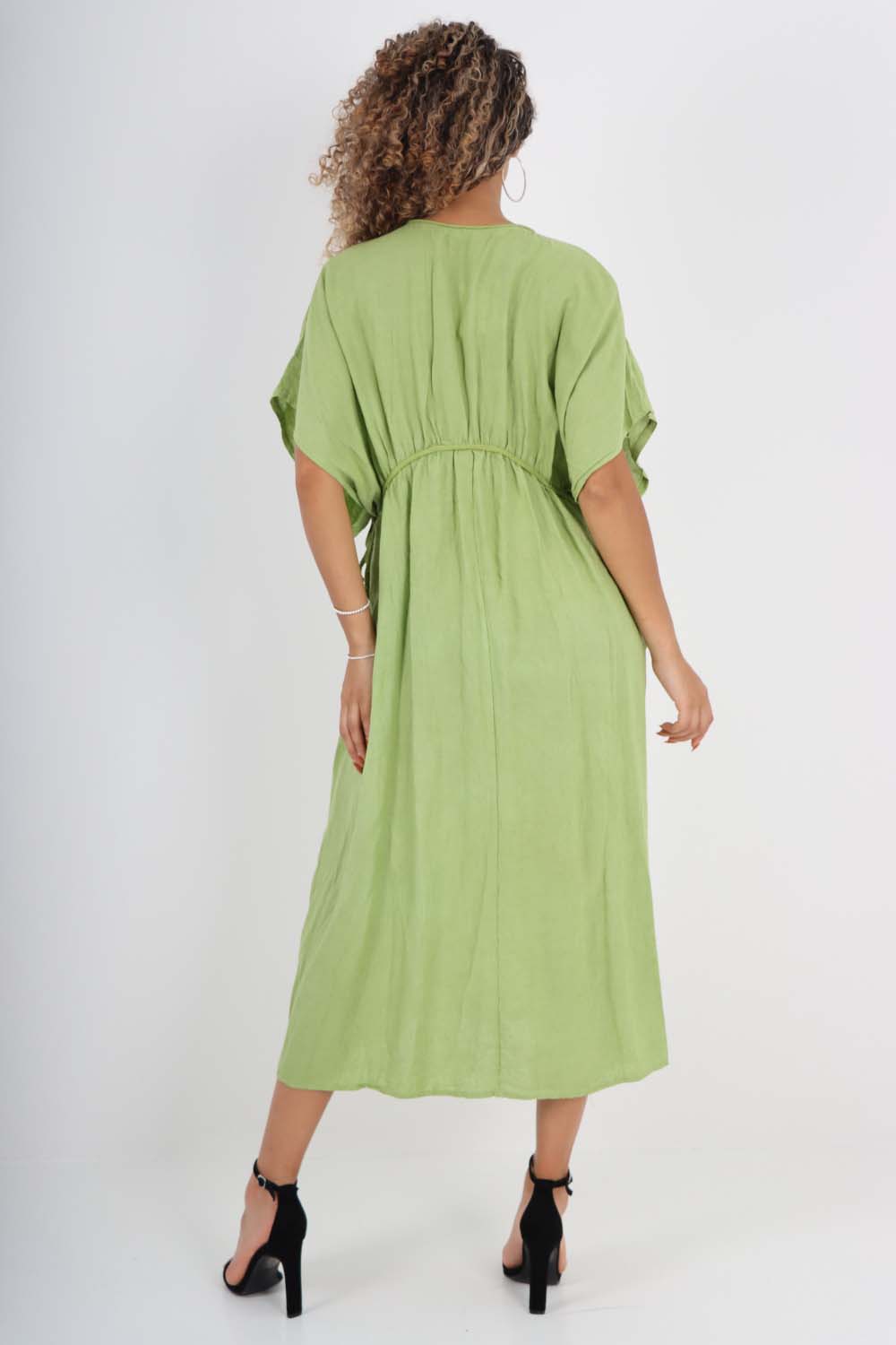 Italian Drawestring Front Flared Linen Dress