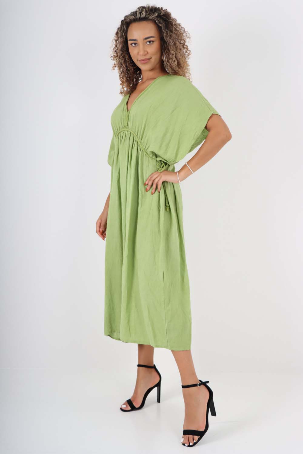 Italian Drawestring Front Flared Linen Dress