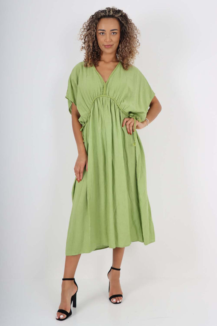 Italian Drawestring Front Flared Linen Dress