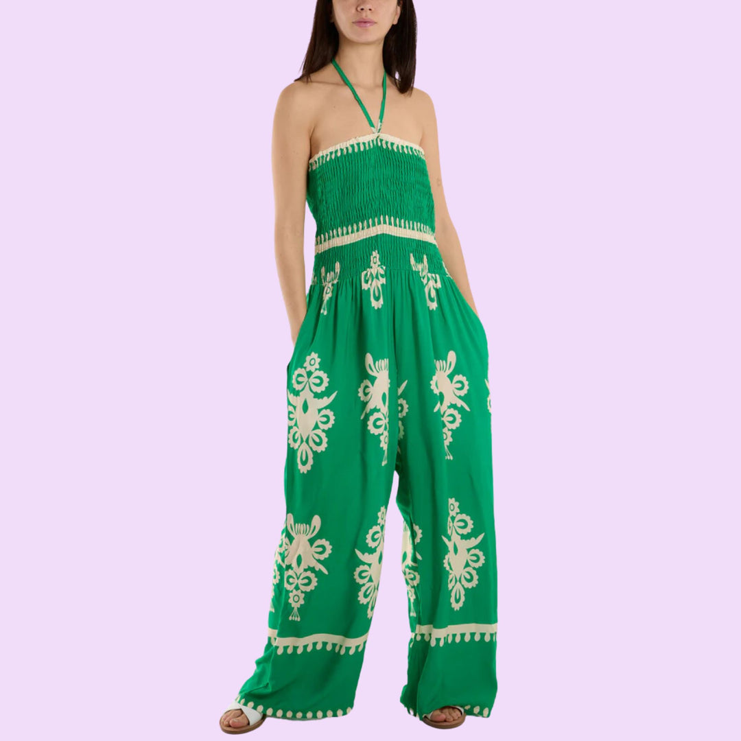 SHIRRED BODICE BANDEAU PRINTED JUMPSUIT