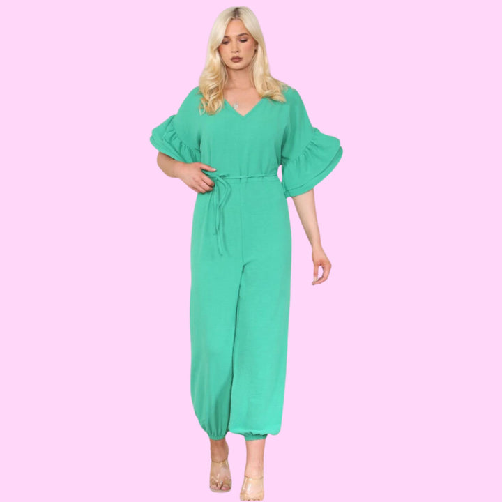 Ruffle Sleeves Frill Tie Jumpsuit