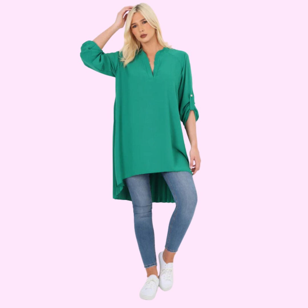 Italian Back Pleated Dip Hem Grandad Collar Top