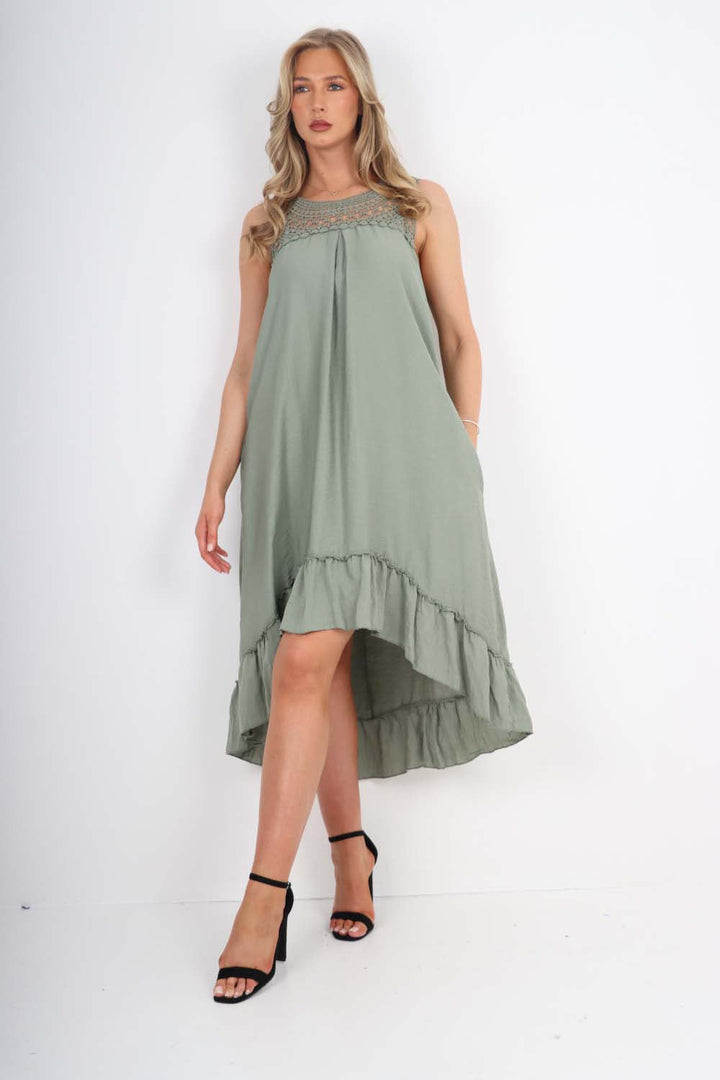 Italian Lace Neckline Dipped Hem Dress