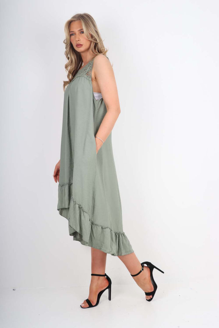 Italian Lace Neckline Dipped Hem Dress