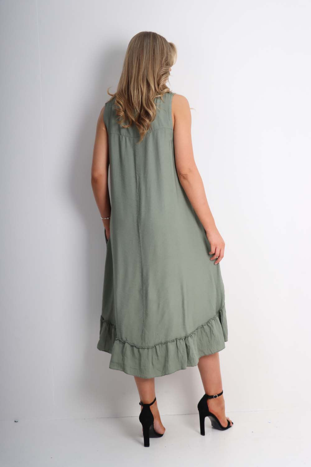 Italian Lace Neckline Dipped Hem Dress