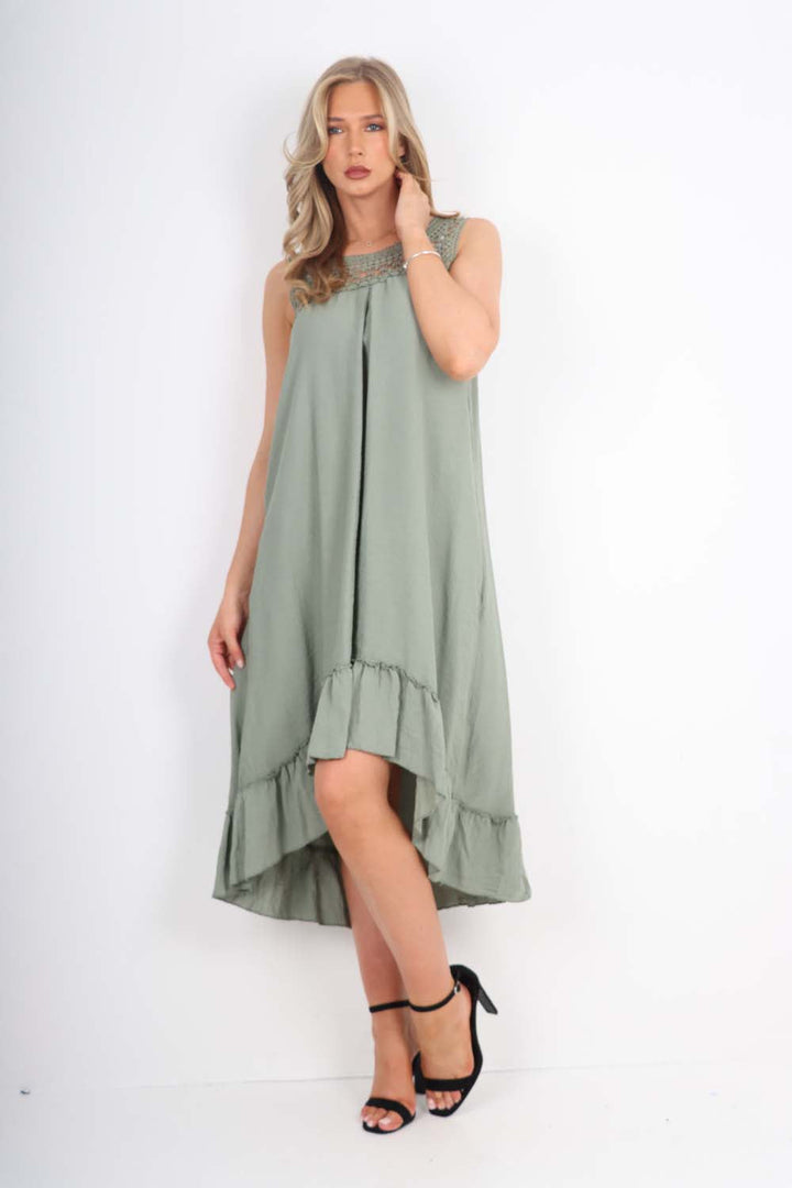 Italian Lace Neckline Dipped Hem Dress