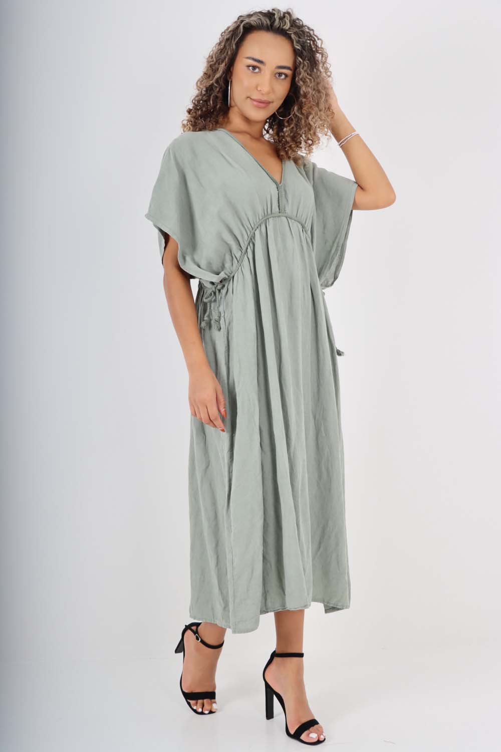 Italian Drawestring Front Flared Linen Dress