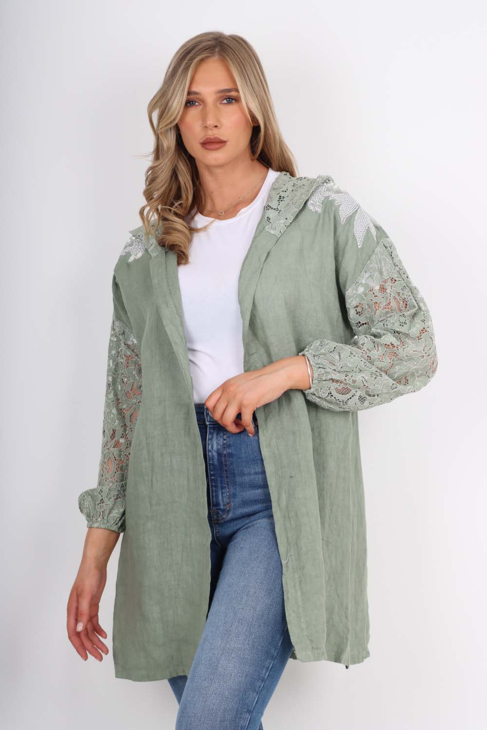 Italian Lace Sleeve Hooded Long Cardigan
