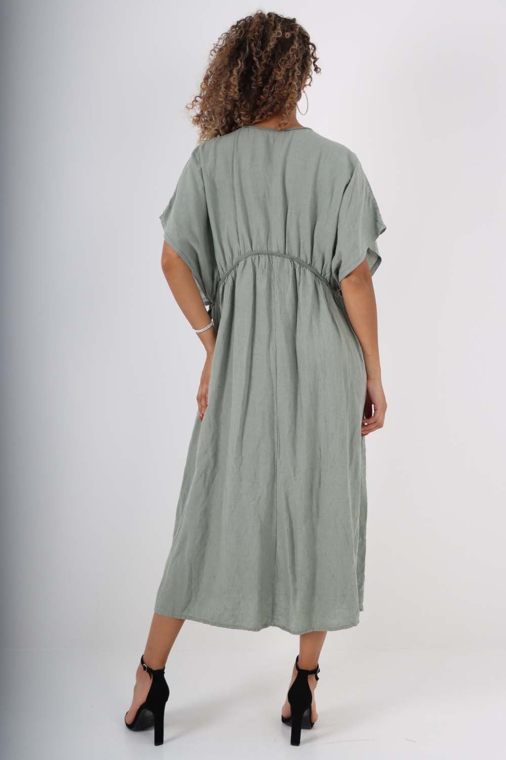 Italian Drawestring Front Flared Linen Dress