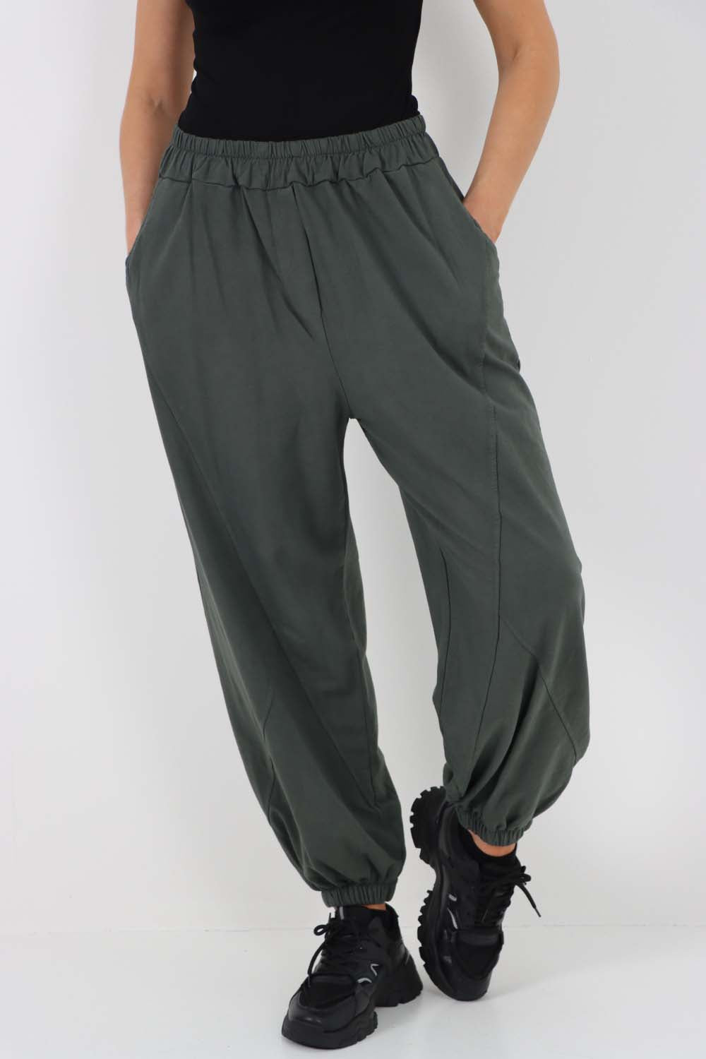 Italian Ruched Hem Cotton Trousers With Side Pockets
