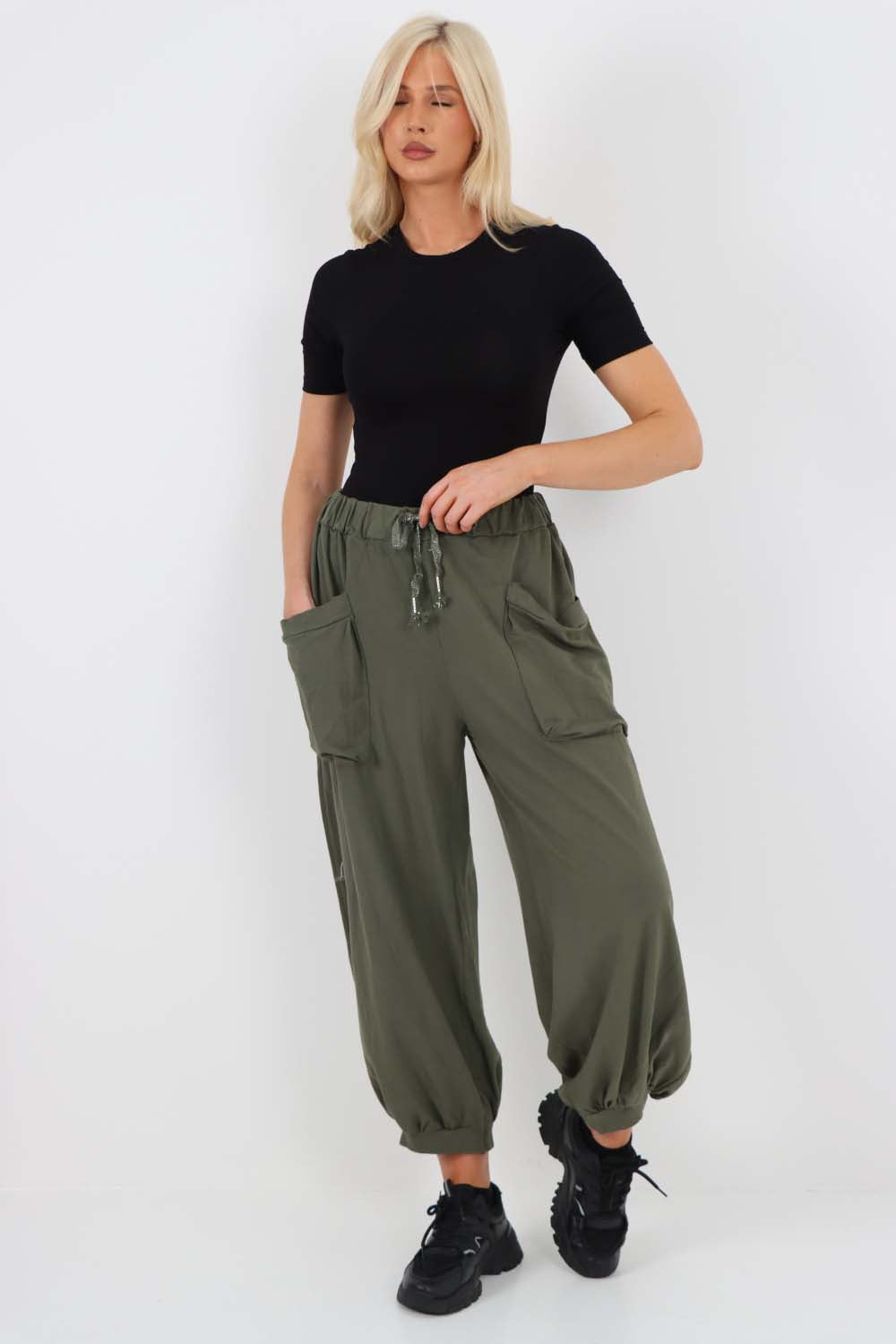 Italian Drawstring Cotton Harem Trousers With Side Pockets
