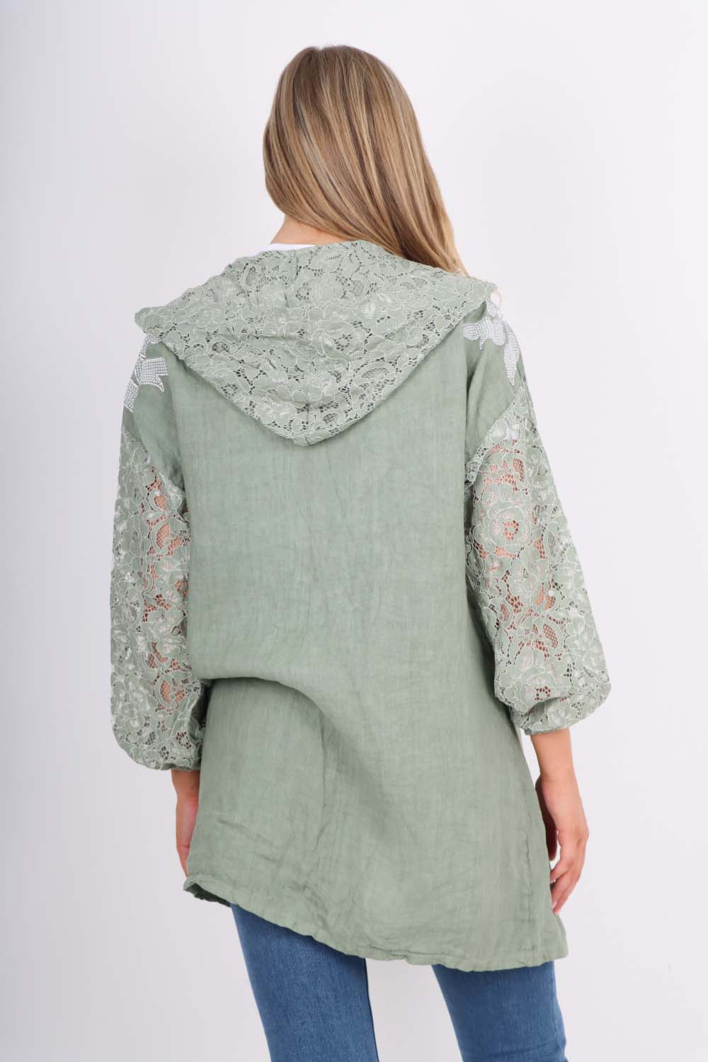 Italian Lace Sleeve Hooded Long Cardigan