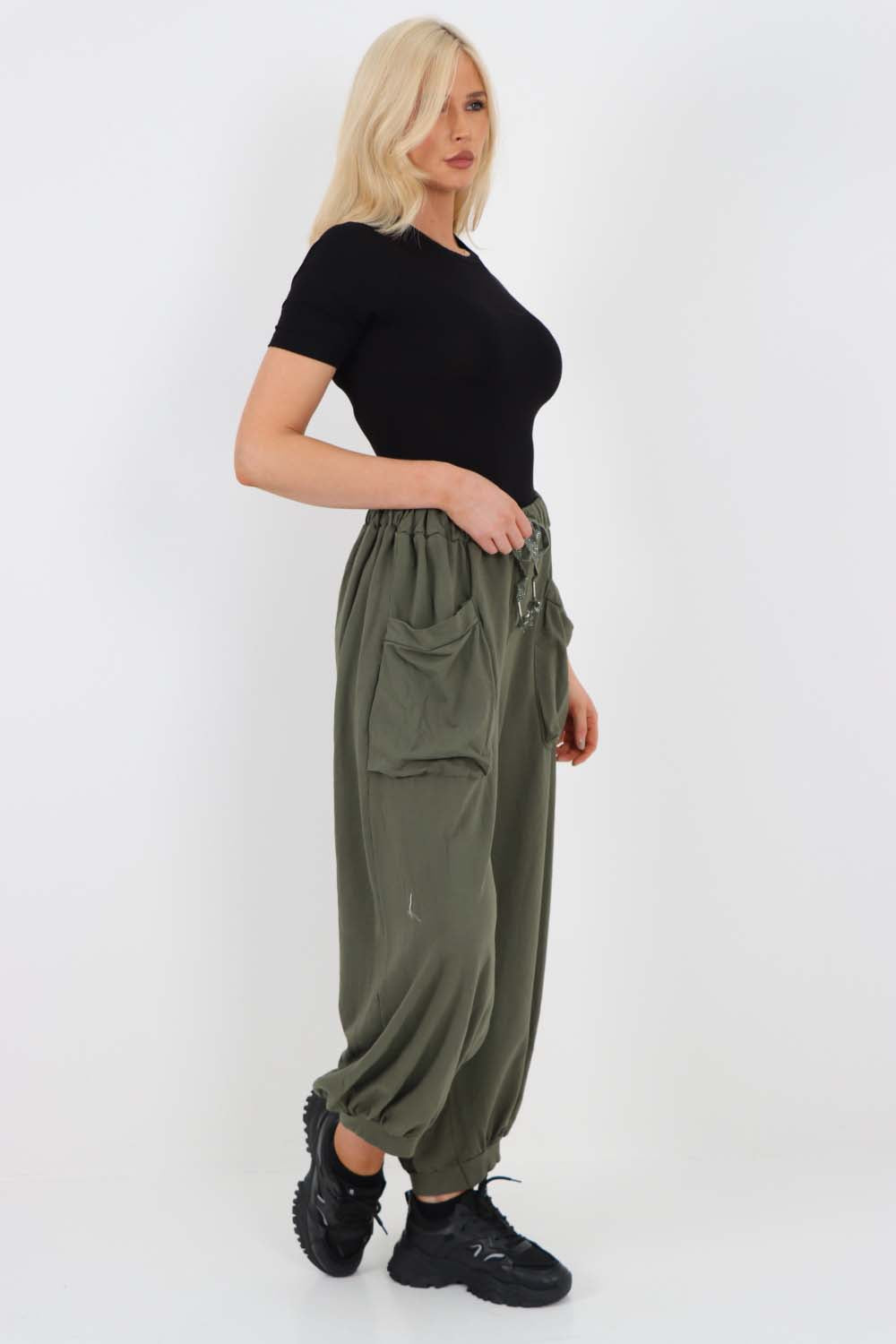 Italian Drawstring Cotton Harem Trousers With Side Pockets