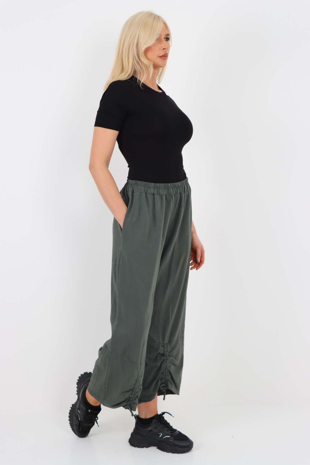 Italian Drawstring Hem Cotton Trousers With Side Pockets