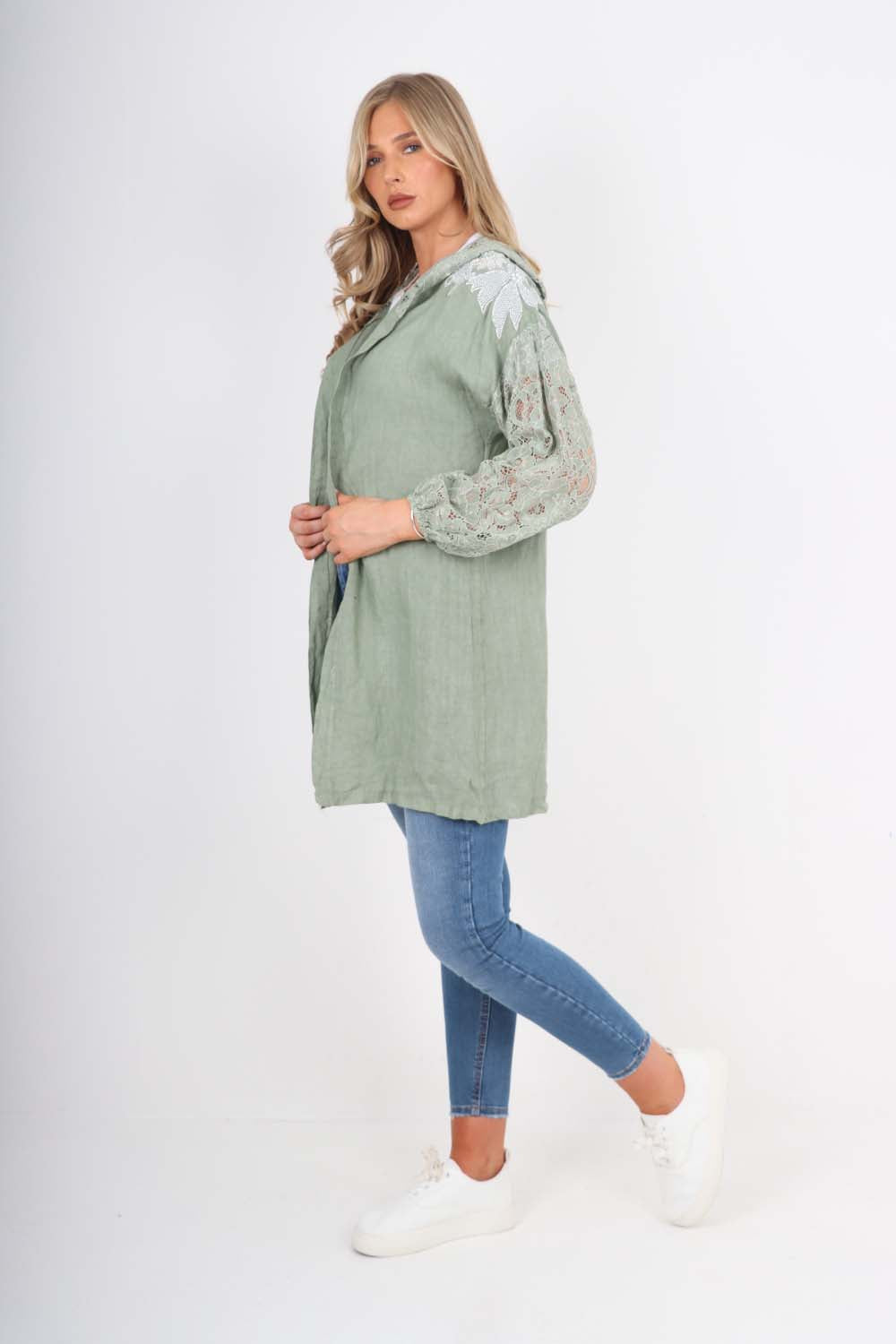 Italian Lace Sleeve Hooded Long Cardigan