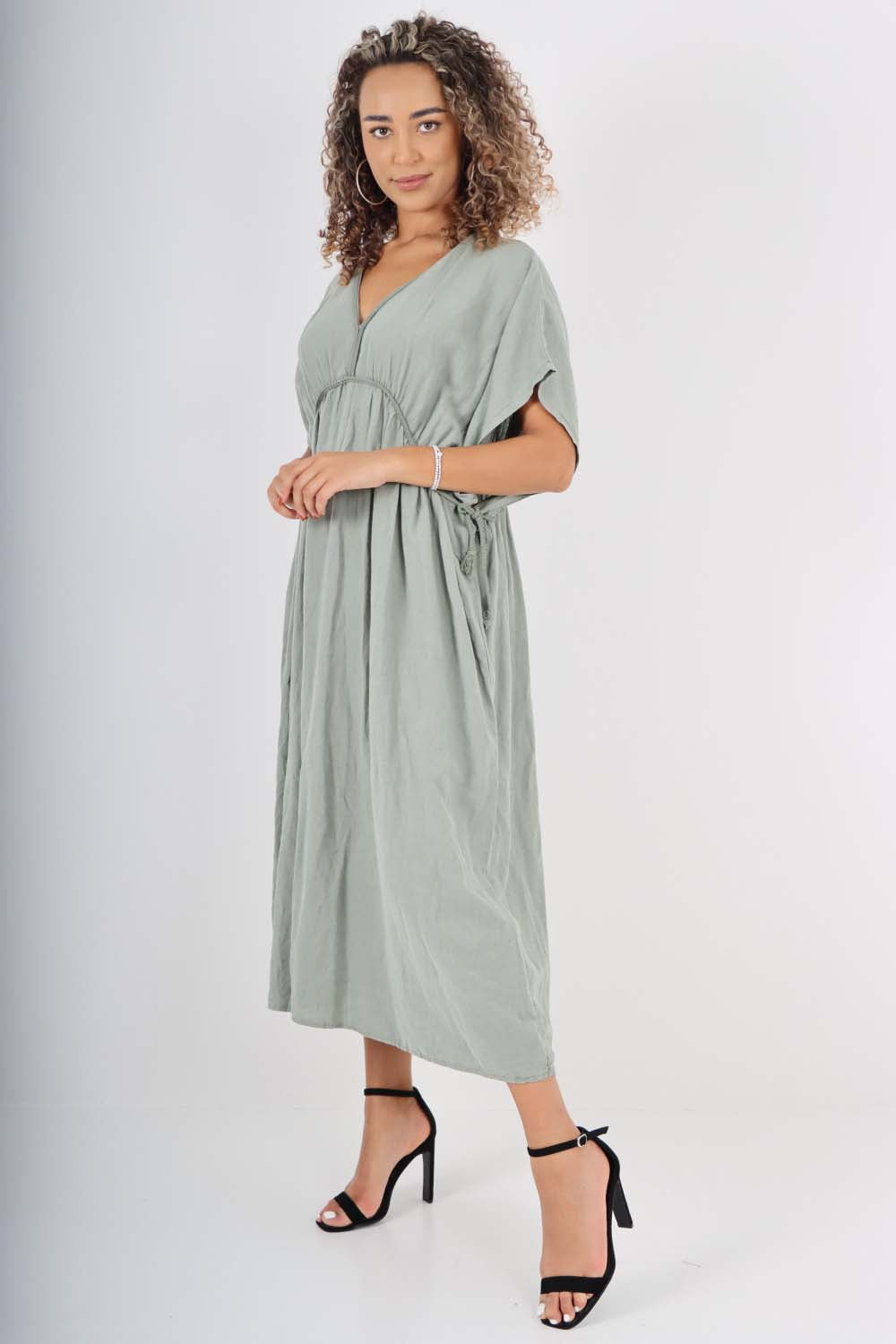 Italian Drawestring Front Flared Linen Dress