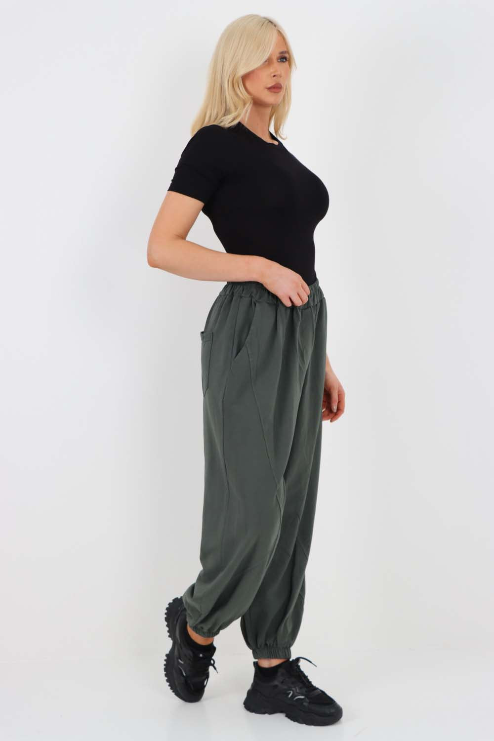 Italian Ruched Hem Cotton Trousers With Side Pockets