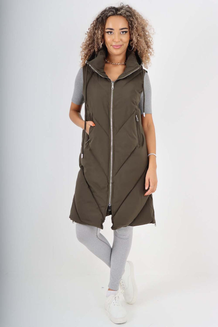 Italian Padded Pockets Hooded Zip up Long Gilet