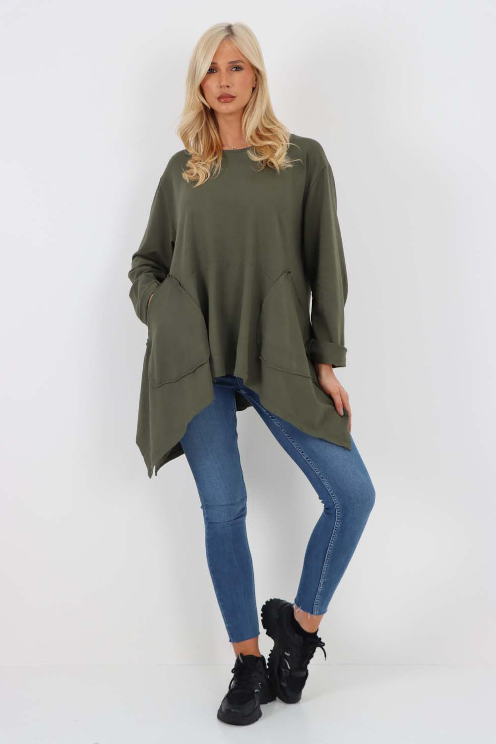 Italian Diagonal Pockets Cotton Tunic Top