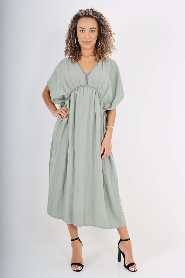 Italian Drawestring Front Flared Linen Dress