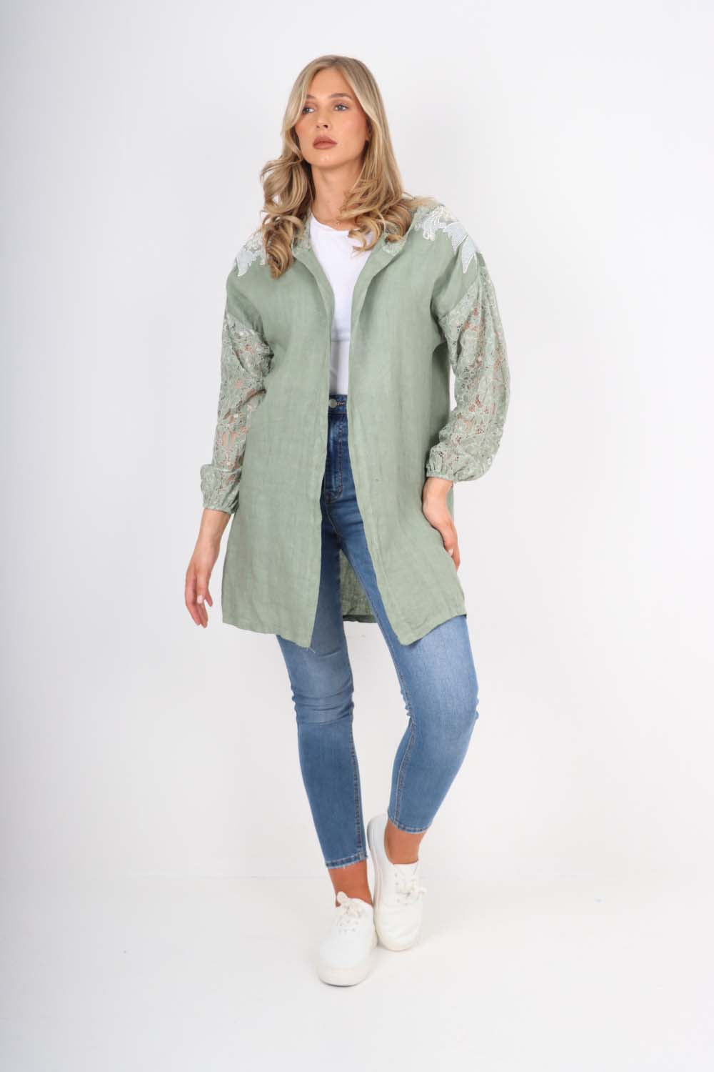 Italian Lace Sleeve Hooded Long Cardigan