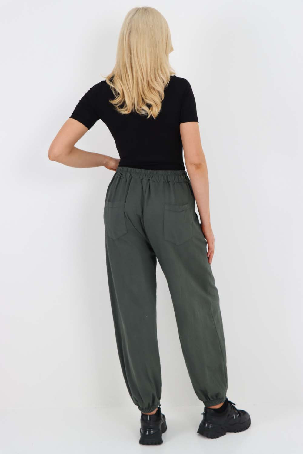 Italian Ruched Hem Cotton Trousers With Side Pockets