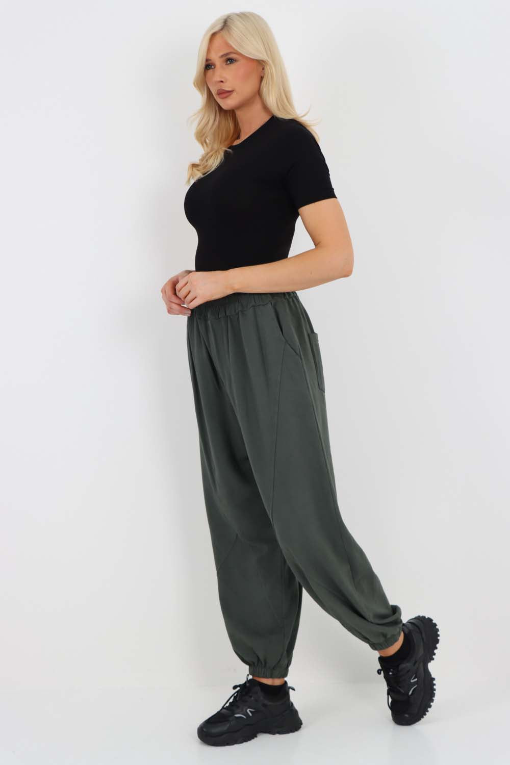 Italian Ruched Hem Cotton Trousers With Side Pockets
