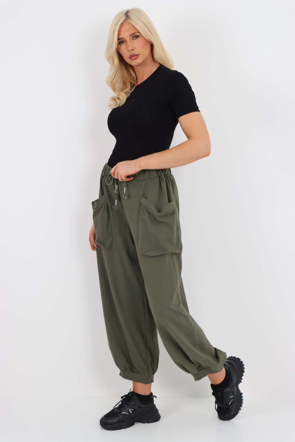 Italian Drawstring Cotton Harem Trousers With Side Pockets