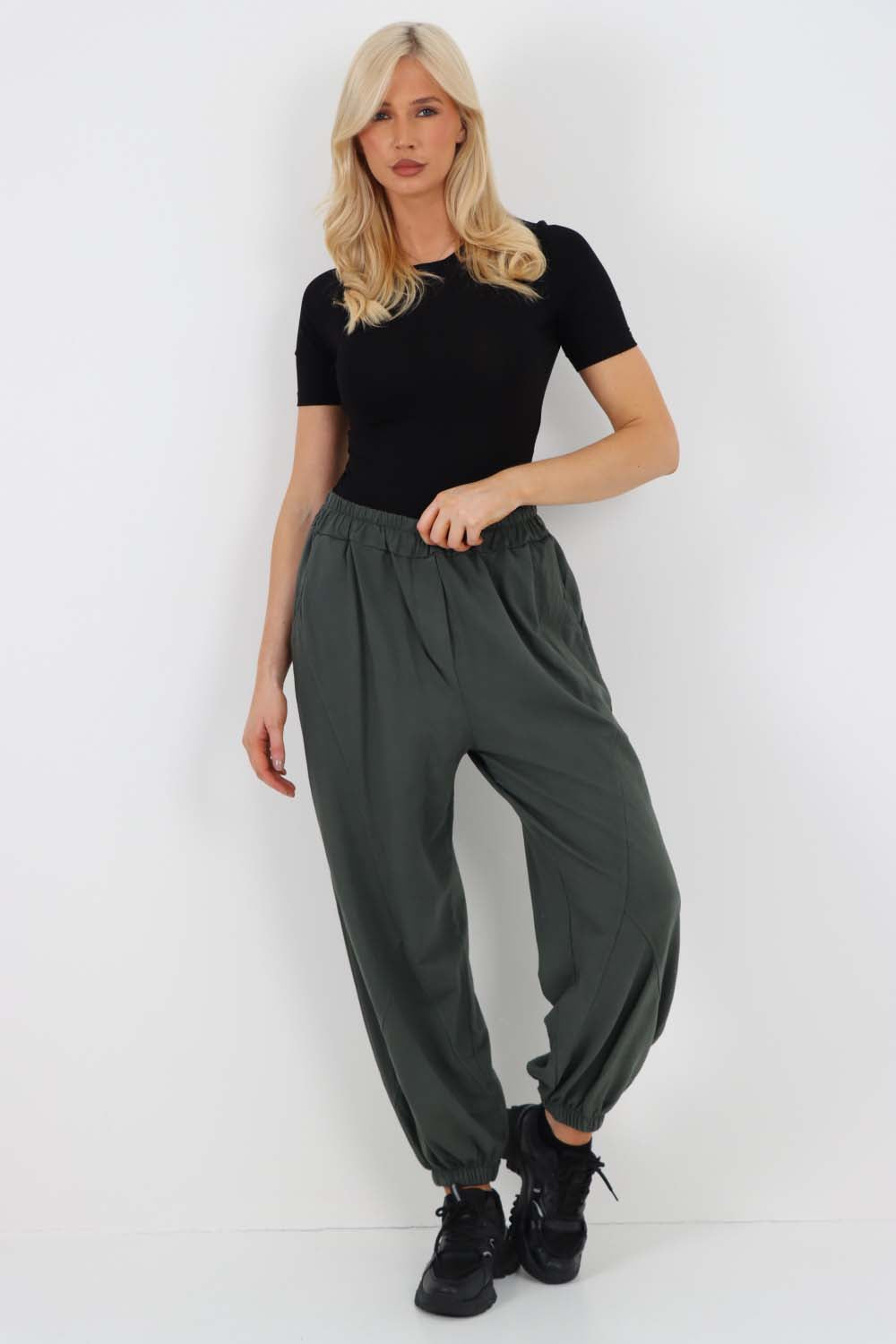 Italian Ruched Hem Cotton Trousers With Side Pockets