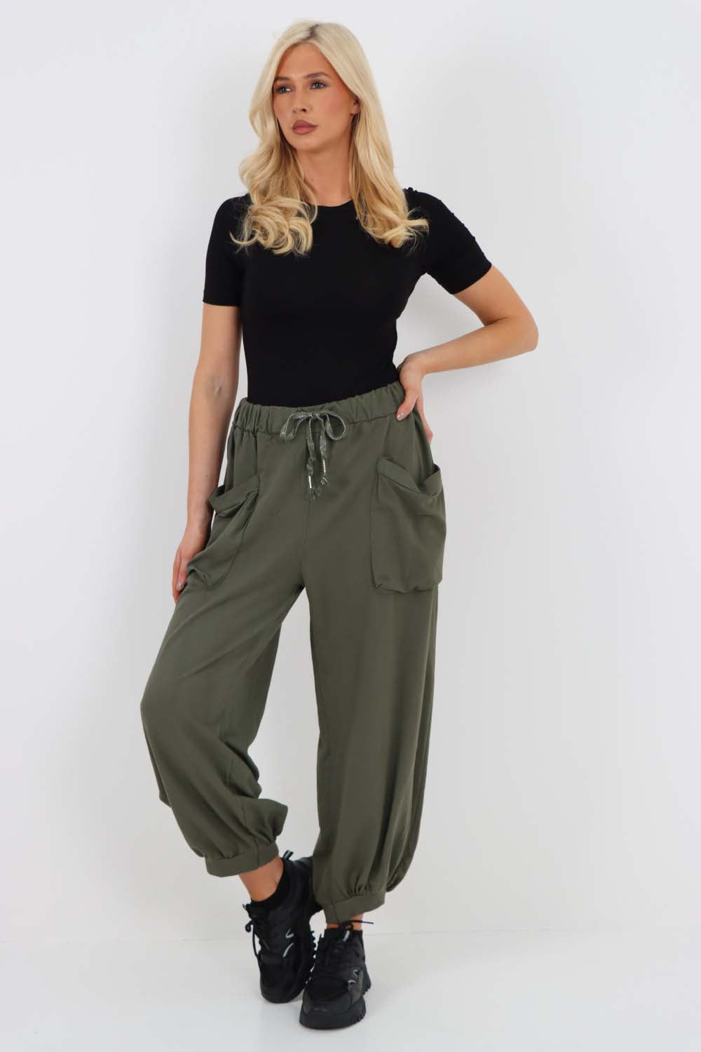 Italian Drawstring Cotton Harem Trousers With Side Pockets