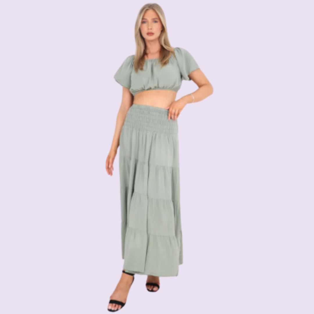 Italian Bardot Crop Top And Maxi Skirt Set