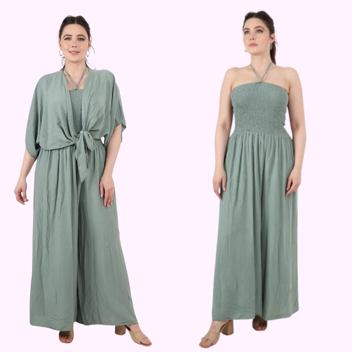 ITALIAN TWO PIECE BARDOT JUMPSUIT AND TIE WAIST SHRUG