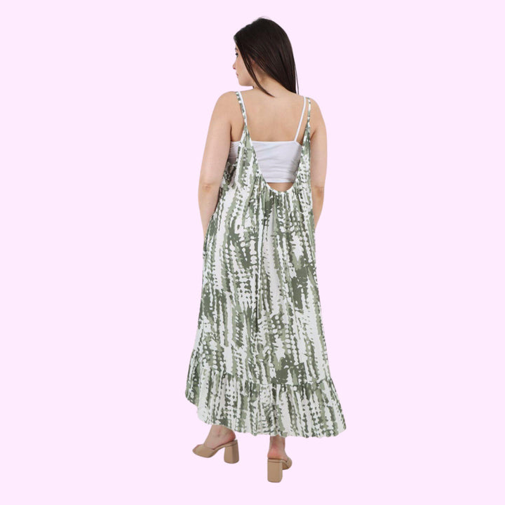 Italian Tie Dye Print Ruffle Hem Sleeveless Dress