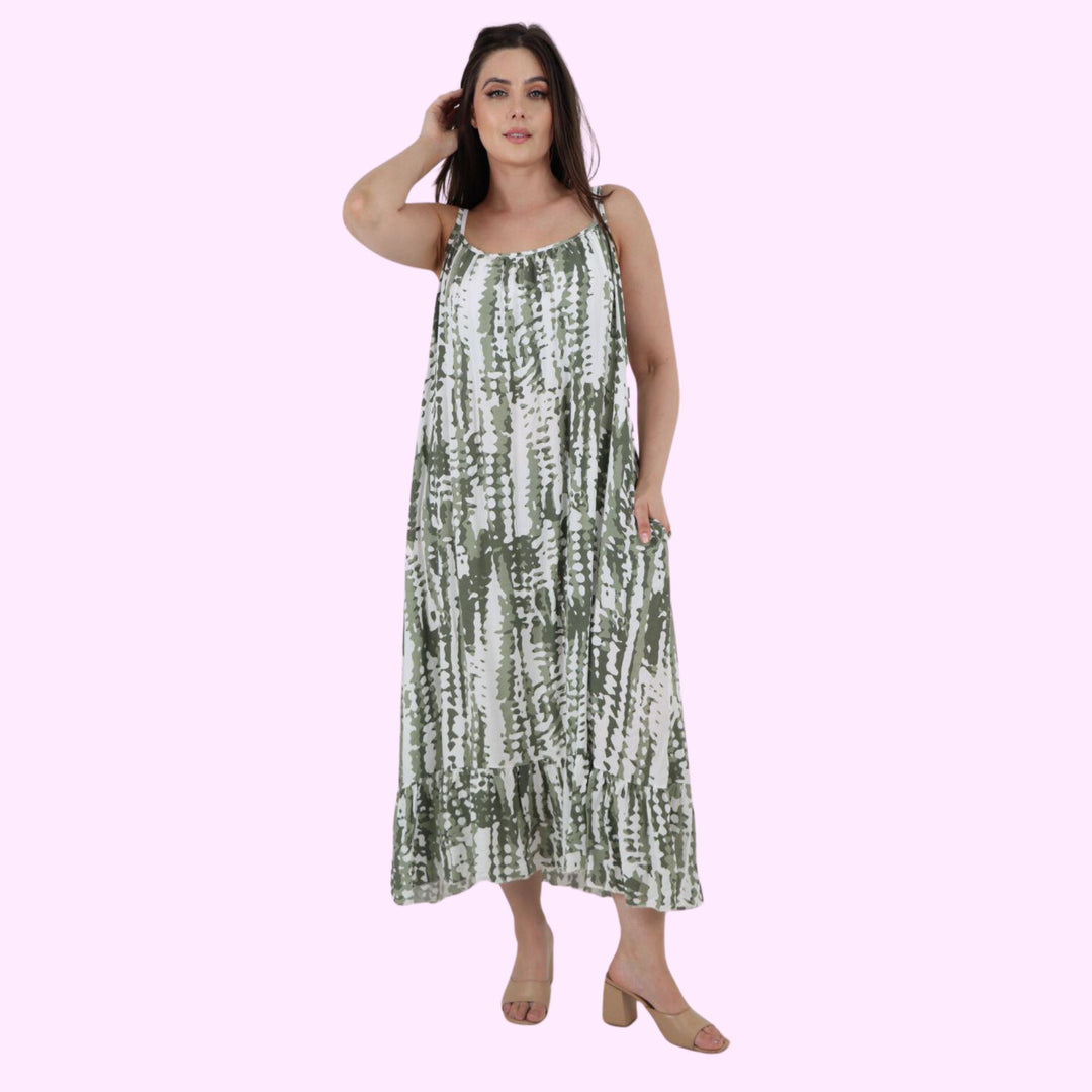 Italian Tie Dye Print Ruffle Hem Sleeveless Dress