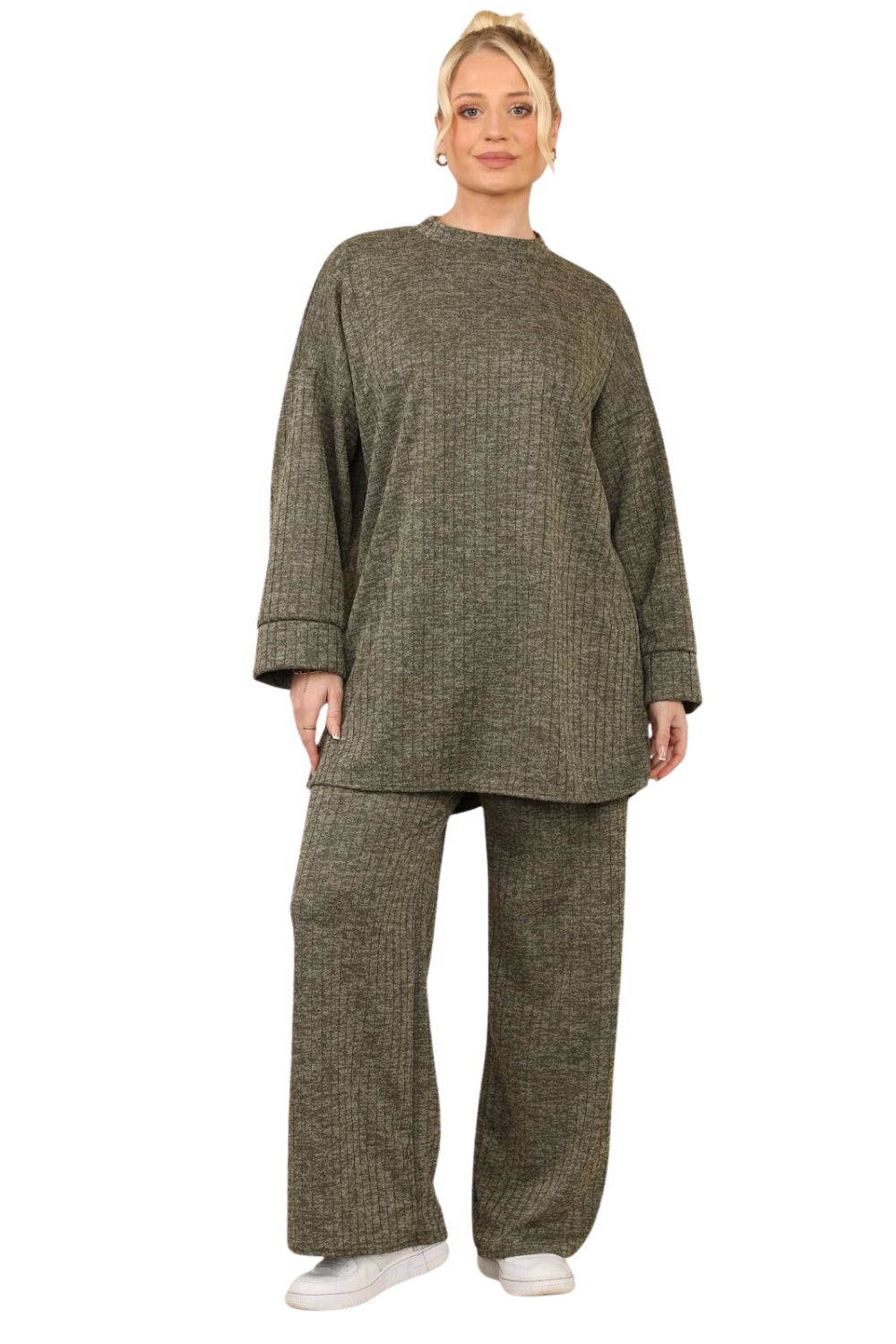 2 Piece Needle Ribbed Long Sleeves Loungewear Set