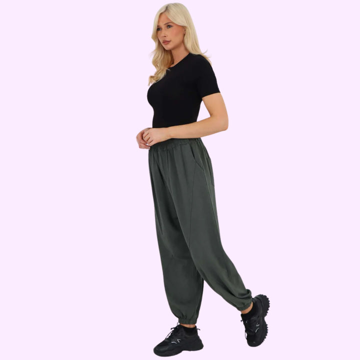 Italian Ruched Hem Cotton Trousers With Side Pockets