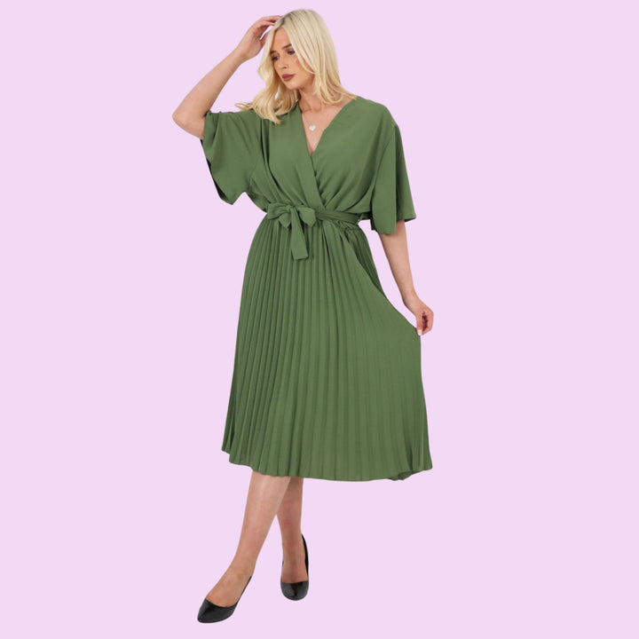 Pleated Belted Wrap Midi Dress