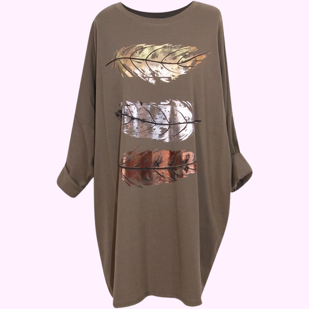 Italian Round Neck Long Sleeves Tunic Foil Print Top