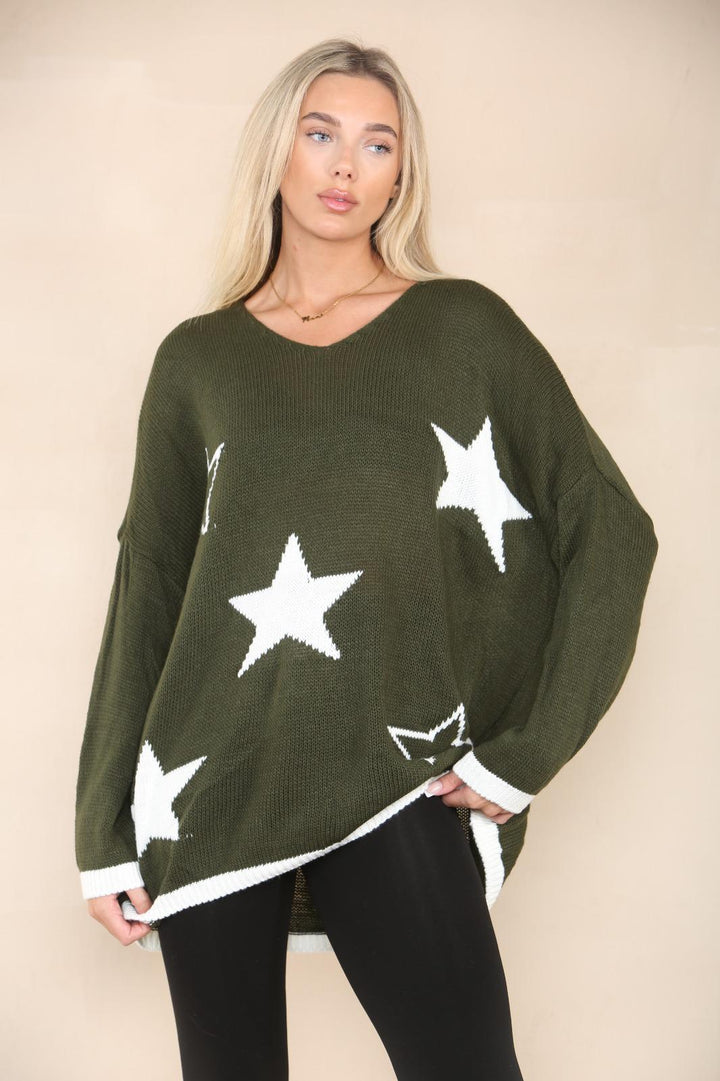 Star Print Oversized V Neck Jumper