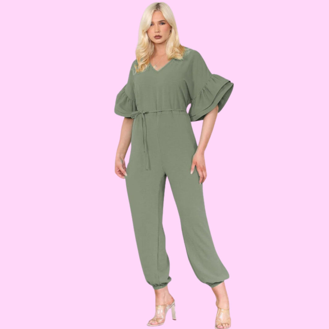 Ruffle Sleeves Frill Tie Jumpsuit