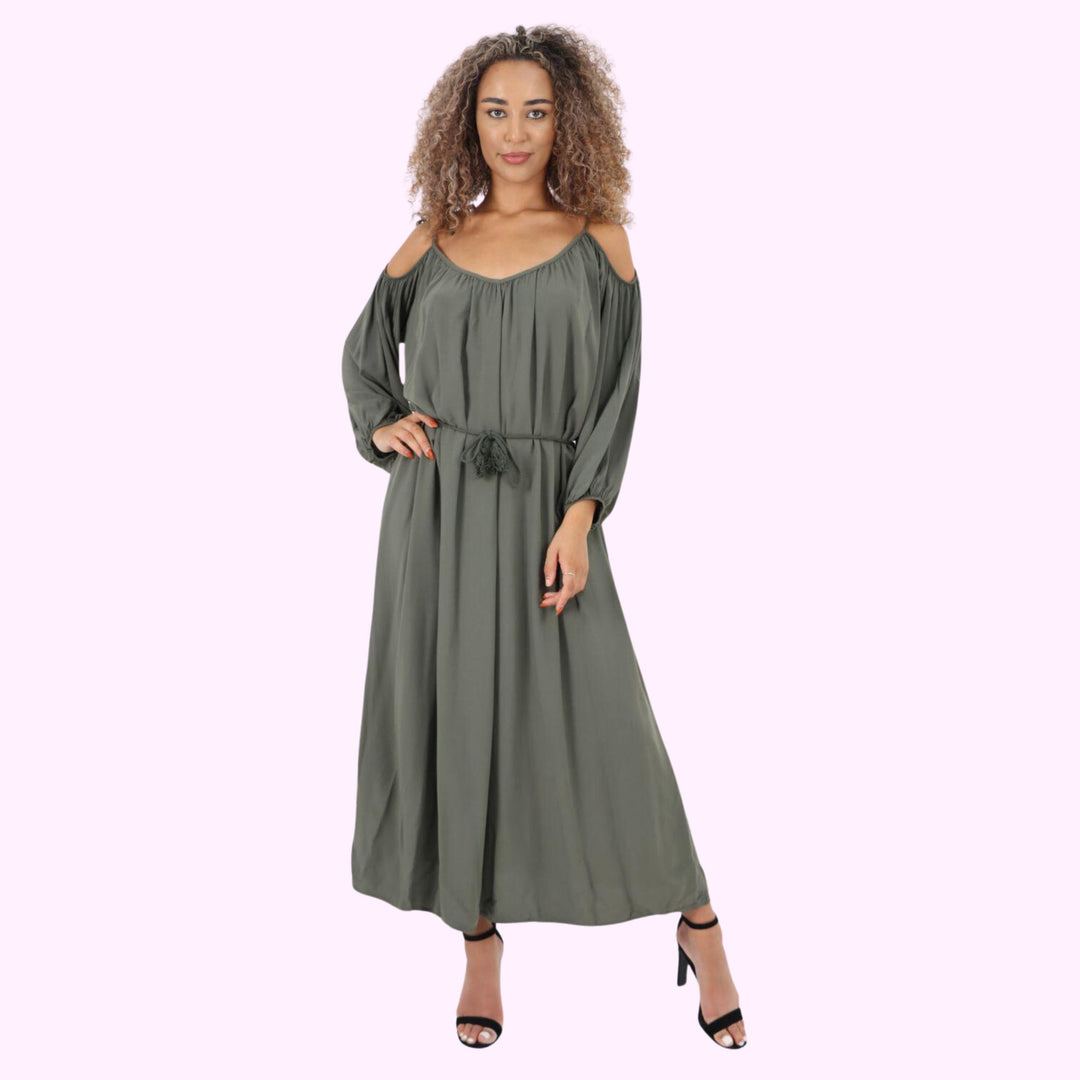 Italian Cold Shoulder Belted Maxi Dress