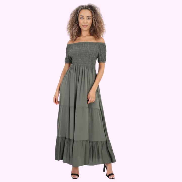 Italian Off Shoulder Shirred Elasticated Tiered Maxi Dress